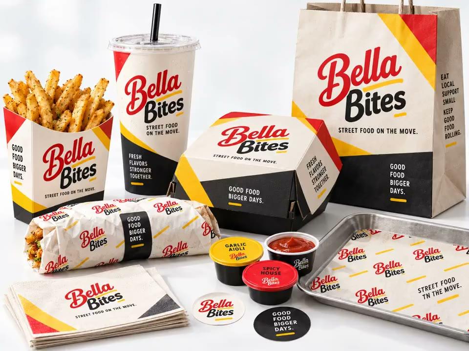 Bella Bites catering: branded boxes and bags, then chicken shawarma, Philly steak, lamb gyro, steak tacos and shrimp quesadilla