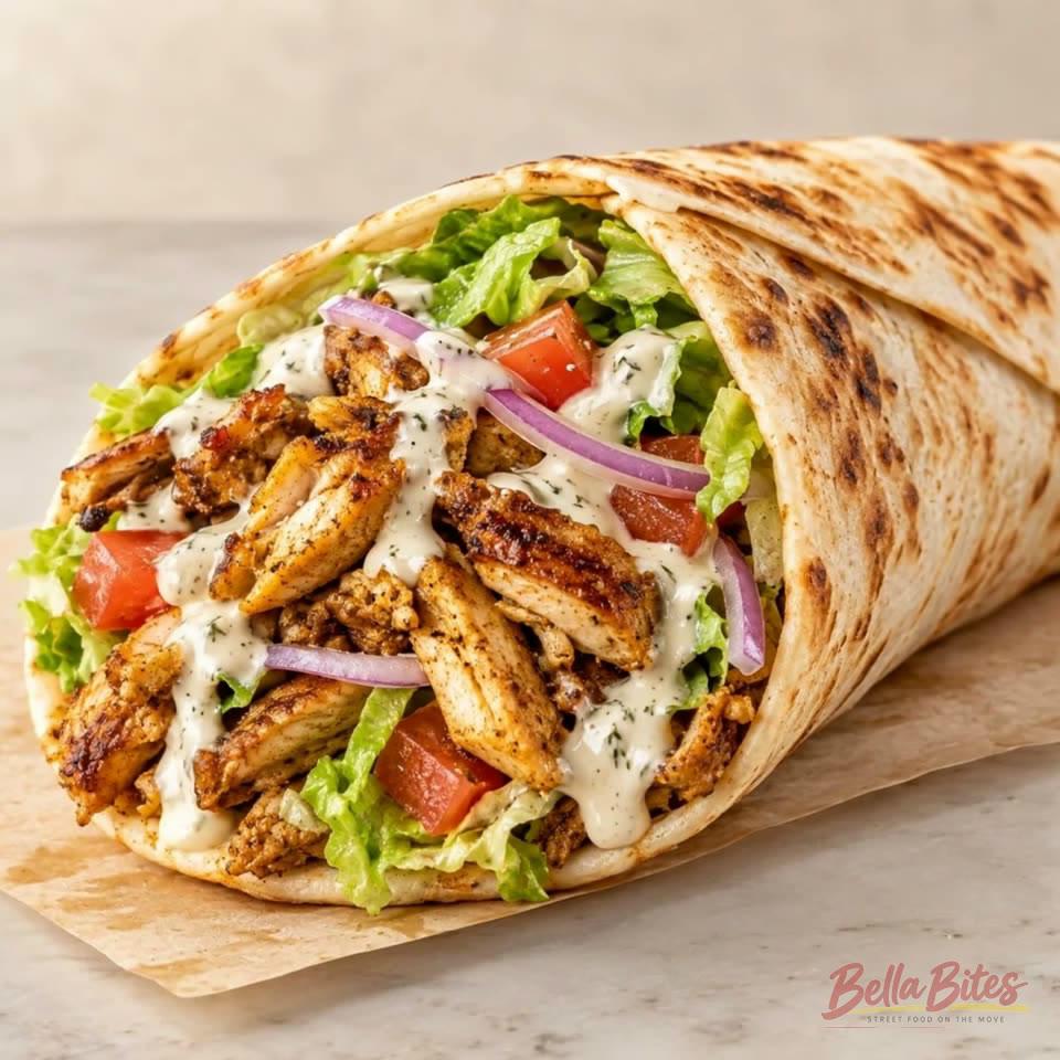Chicken shawarma wrap filled with marinated chicken, fresh vegetables and garlic sauce