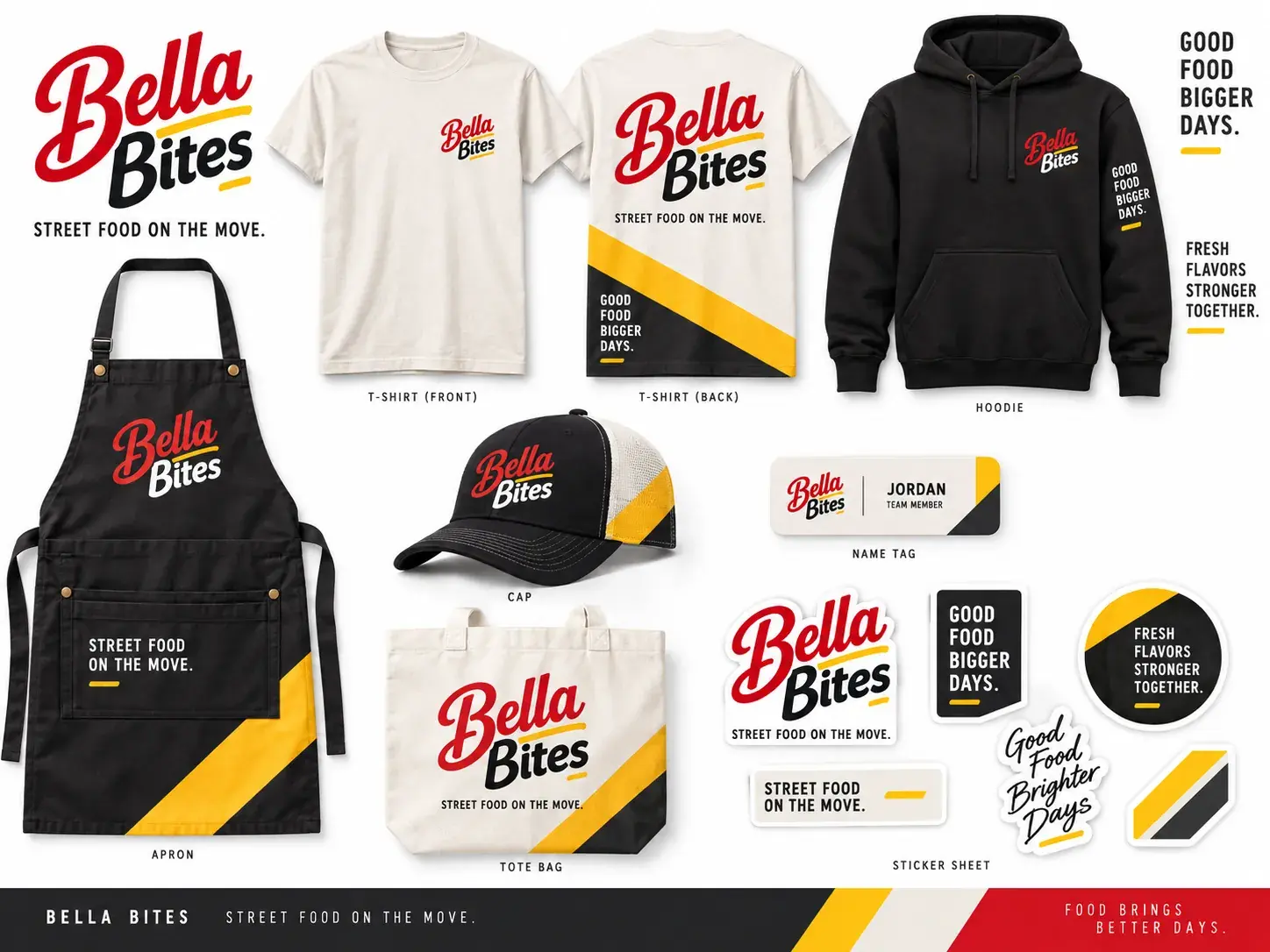 Bella Bites crew gear: black apron, cream tees, a hoodie, trucker cap, tote bag and logo stickers