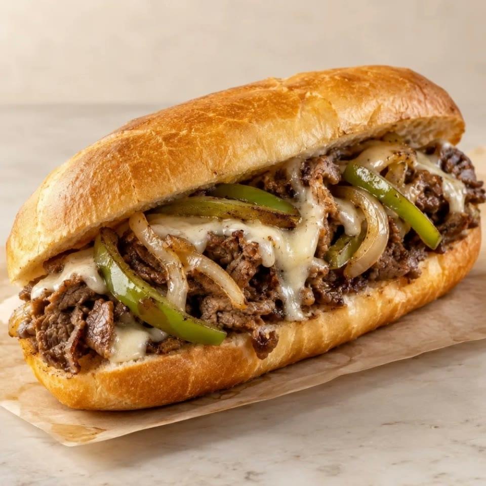Close-up of a cheesesteak loaded with steak, peppers and melted cheese