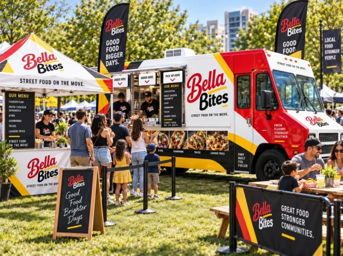 Families lining up at the Bella Bites food truck at a sunny park festival
