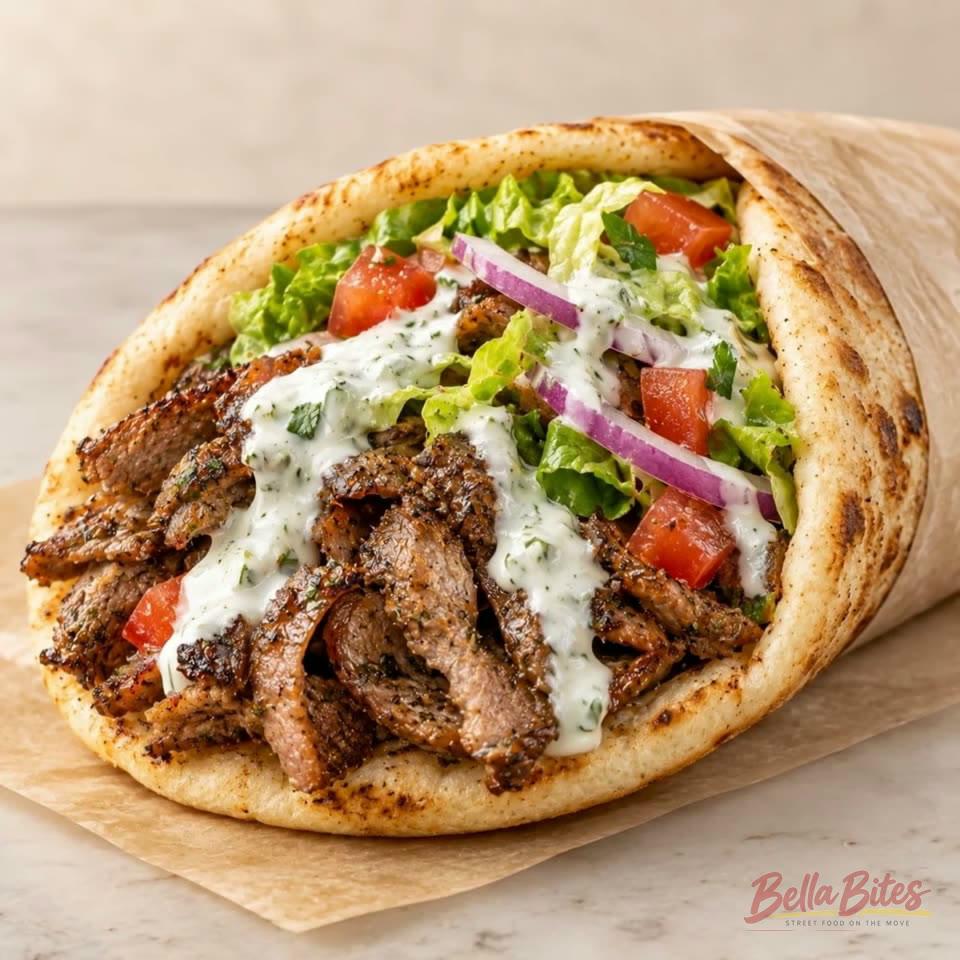 Greek lamb gyro with seasoned lamb, fresh vegetables and a cool white sauce in pita