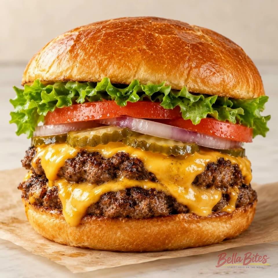 Monster Cheeseburger, a tall stacked burger with melted cheese on a bun