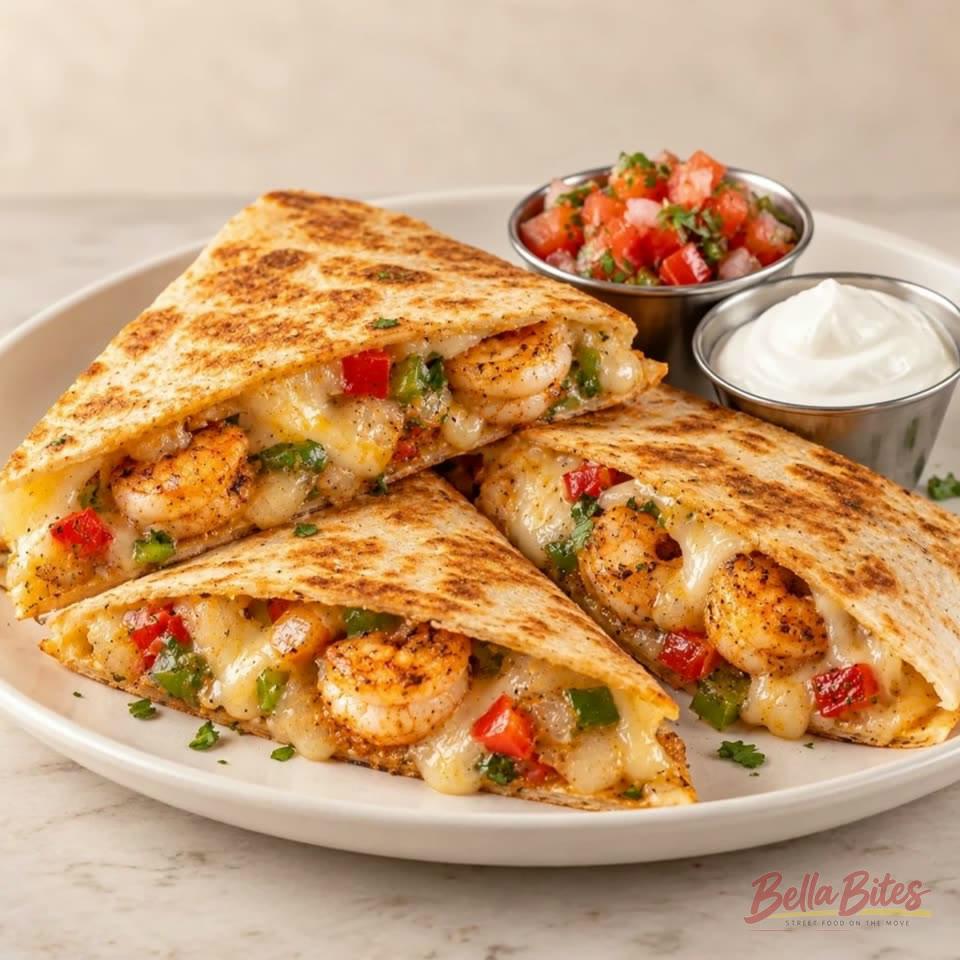 Shrimp quesadilla with seasoned shrimp and melted cheese in a golden toasted tortilla