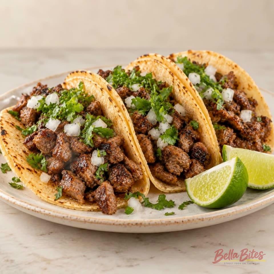 Steak street tacos topped with diced onion and cilantro with lime wedges