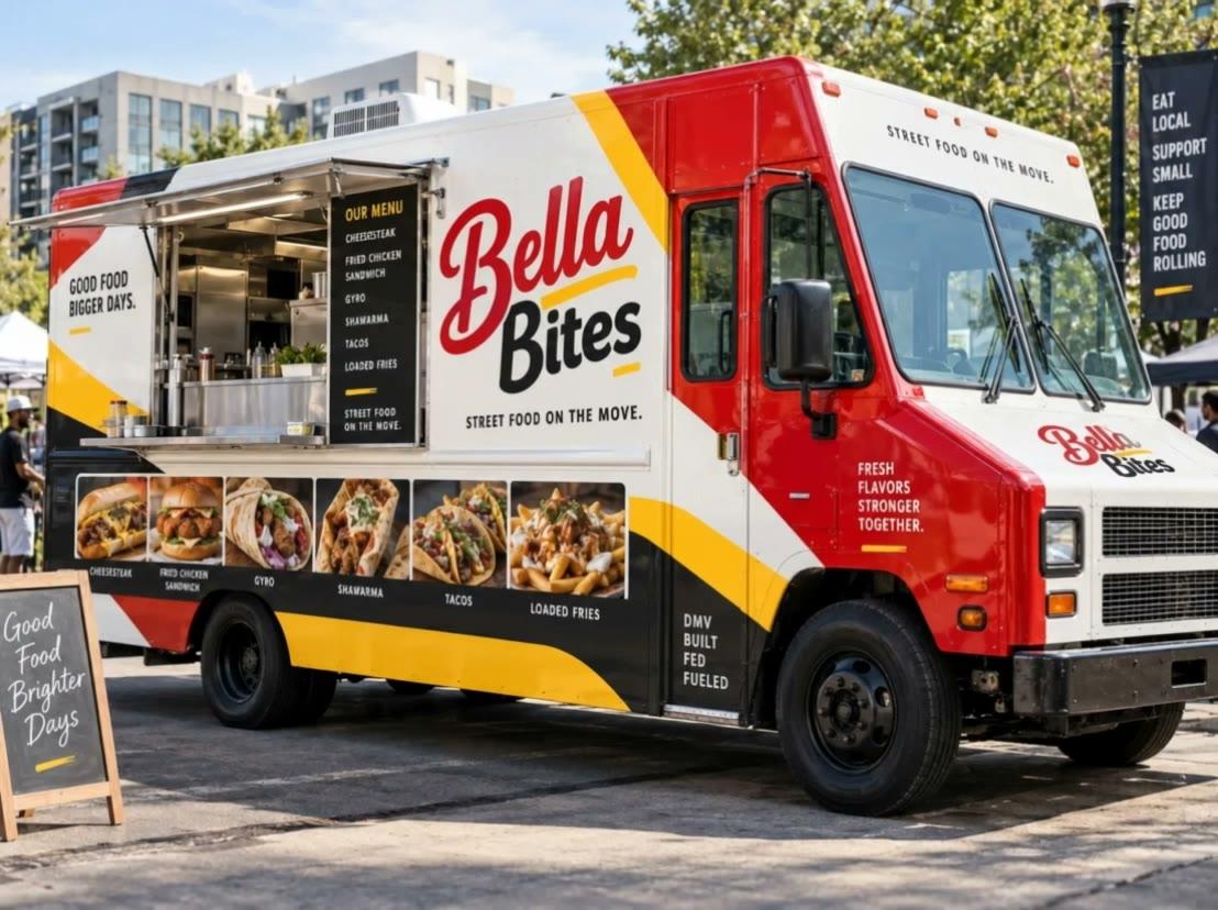 Camera gliding along the red, yellow and white Bella Bites food truck